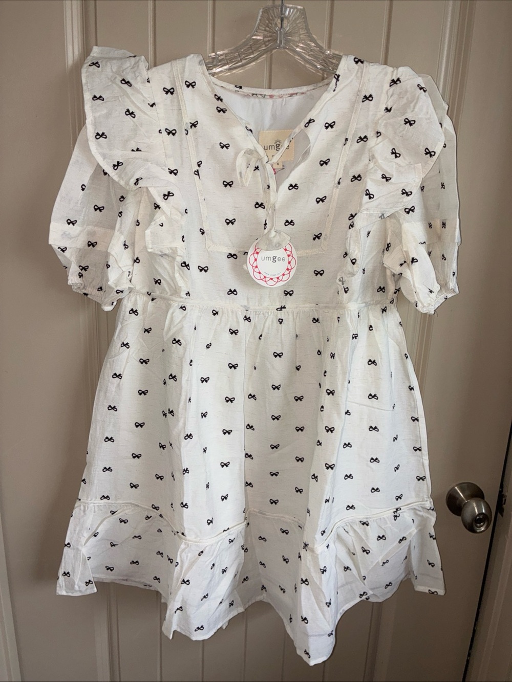 Umgee White Dress with Black Bow Print and Ruffles